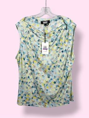 DKNY Sleeveless Blouse Women’s XXL Printed Drape Neck Top NWT